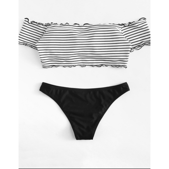 Black White Striped Off Shoulder Bikini - Picture 3 of 3
